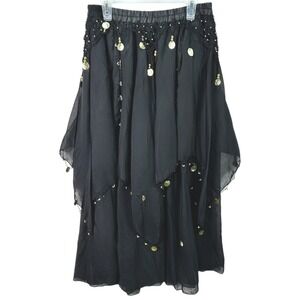 Black Belly Dance Skirt Gold Coin Beaded Tribal Fusion Performance Maxi L